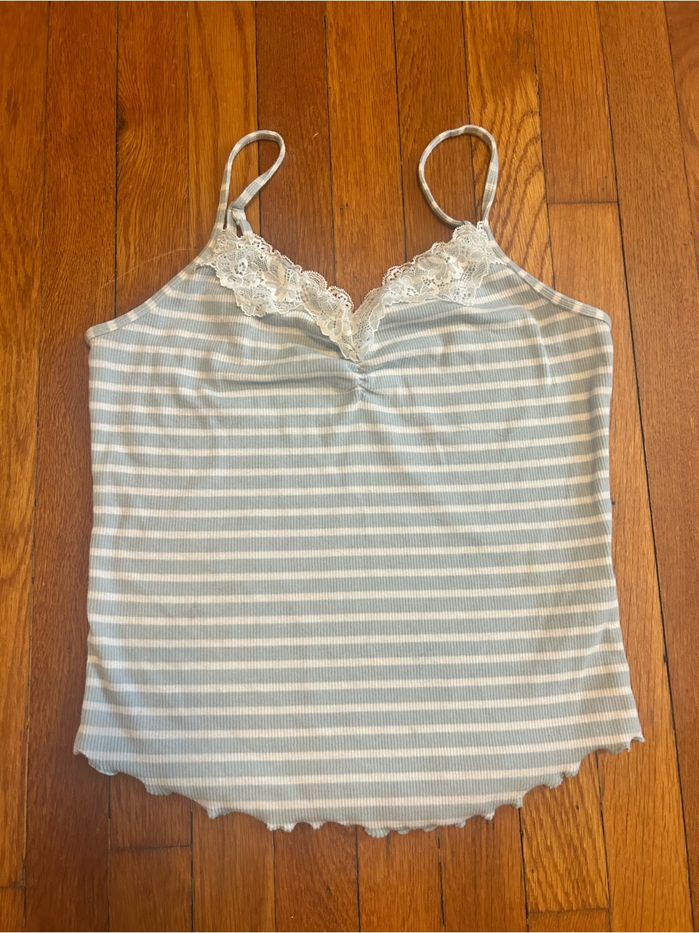 American Eagle Outfitters Light Blue & White Striped Lace-Trim Cami